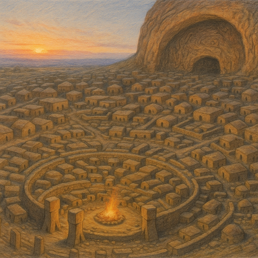 The Great Rest - settlement and cave at sunset